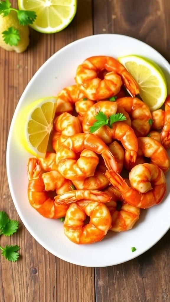 Crispy air fryer shrimp with lemon wedges and parsley on a rustic plate.